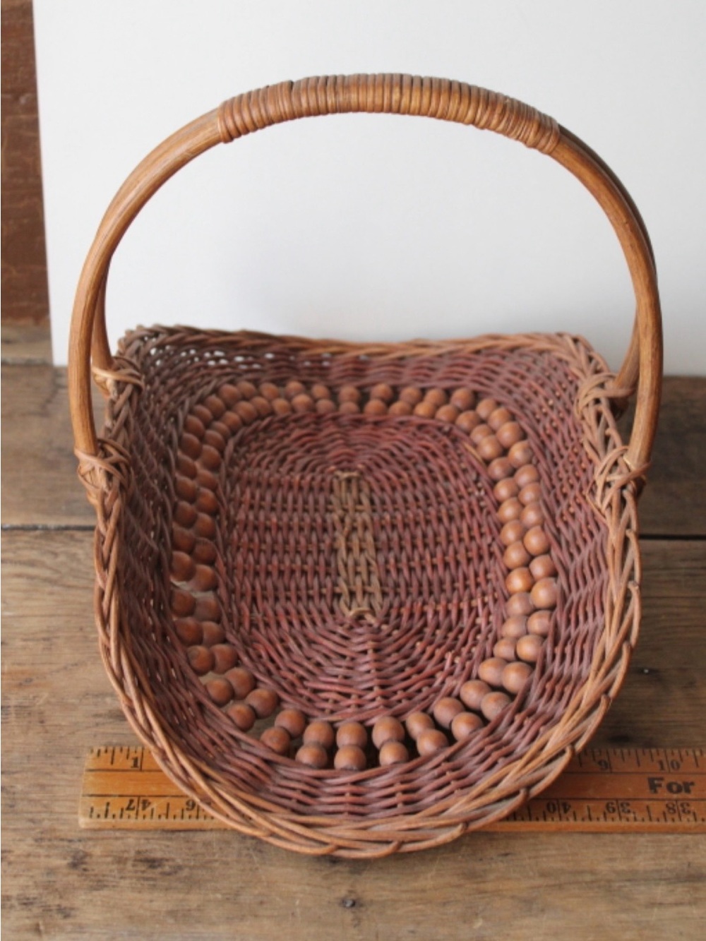 Vintage Wicker Victorian Beaded Trug Gathering Basket